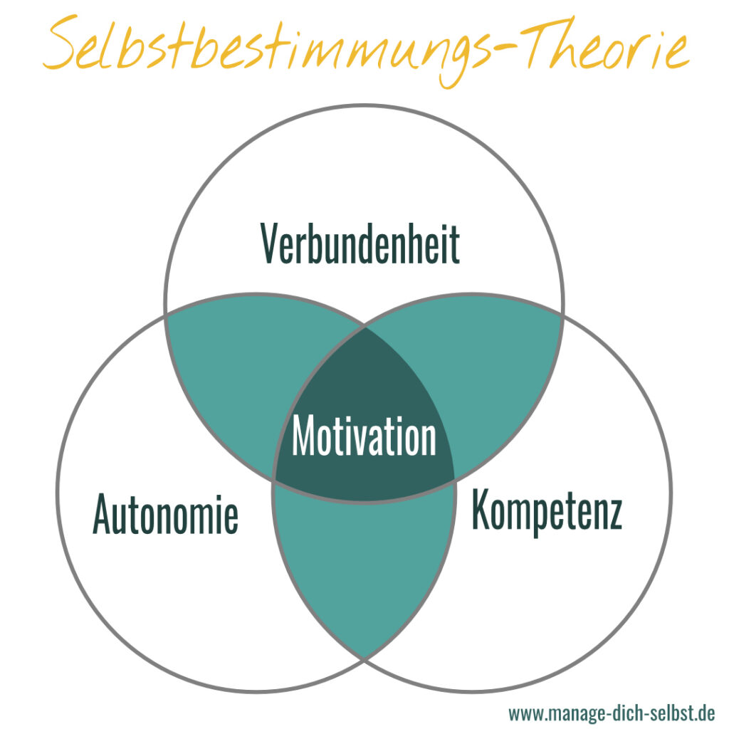 Selbstbestimmungstheorie: Drei gleich große Kreise (Autonomie, Kompetenz und Verbundenheit) die sich zu gleichen Teilen überschneiden. Die gemeinsame Schnittmenge ist die Motivation